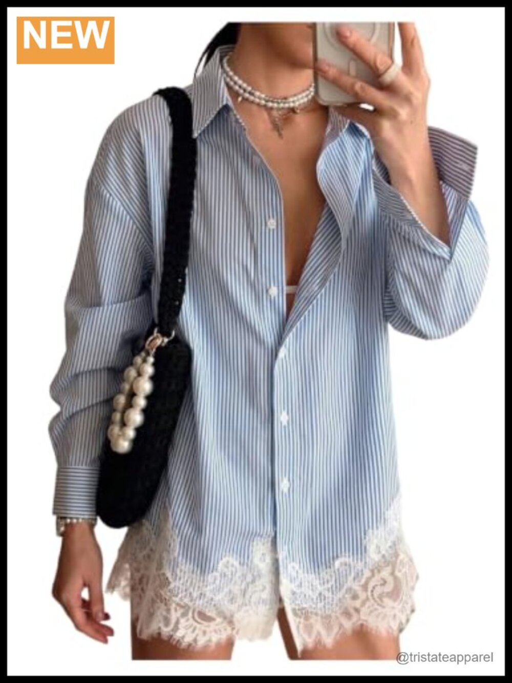 Women's Striped Lace Patchwork Button Down Long Sleeve Blouse Shirt
